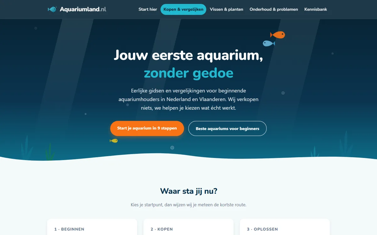 Screenshot van de met AI gebouwde website aquariumland.nl, aquariumadvies voor beginners