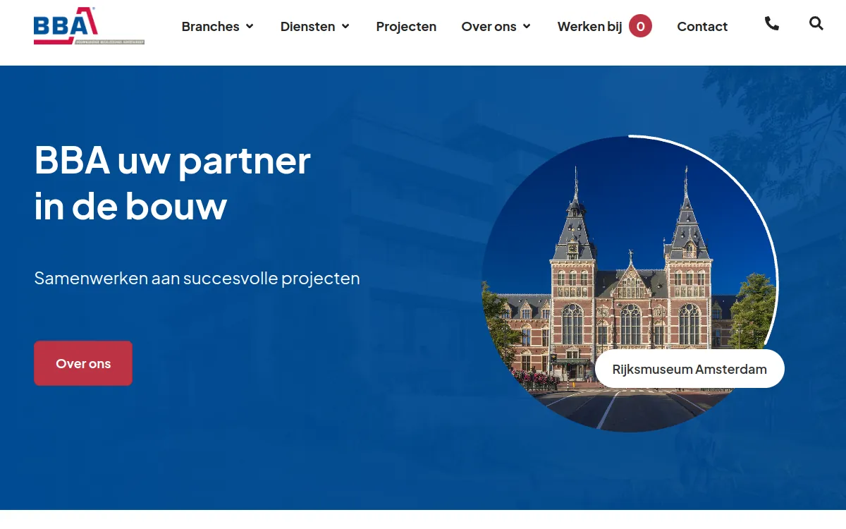Screenshot van de in WordPress en Elementor gebouwde website bba-bv.nl