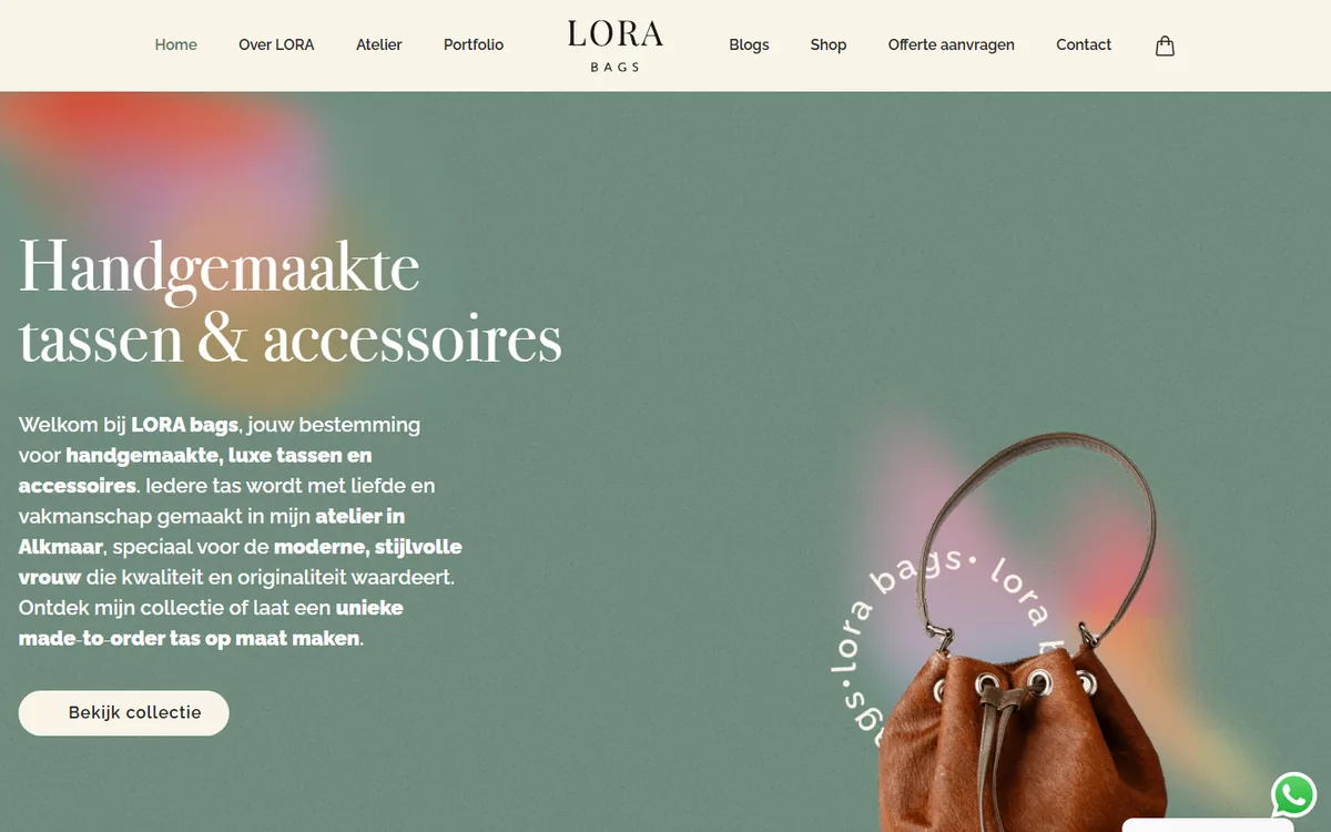Screenshot van de webshop lorabags.nl met handgemaakte tassen