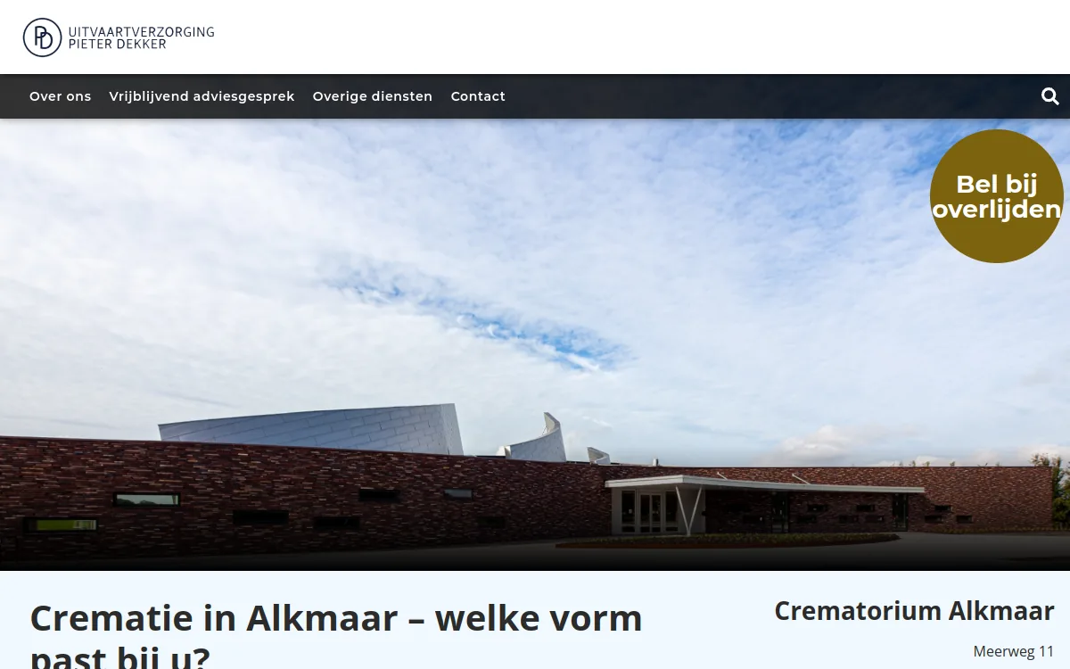 Screenshot van de in WordPress en Elementor gebouwde website crematoriumalkmaar.nl, crematorium in Alkmaar