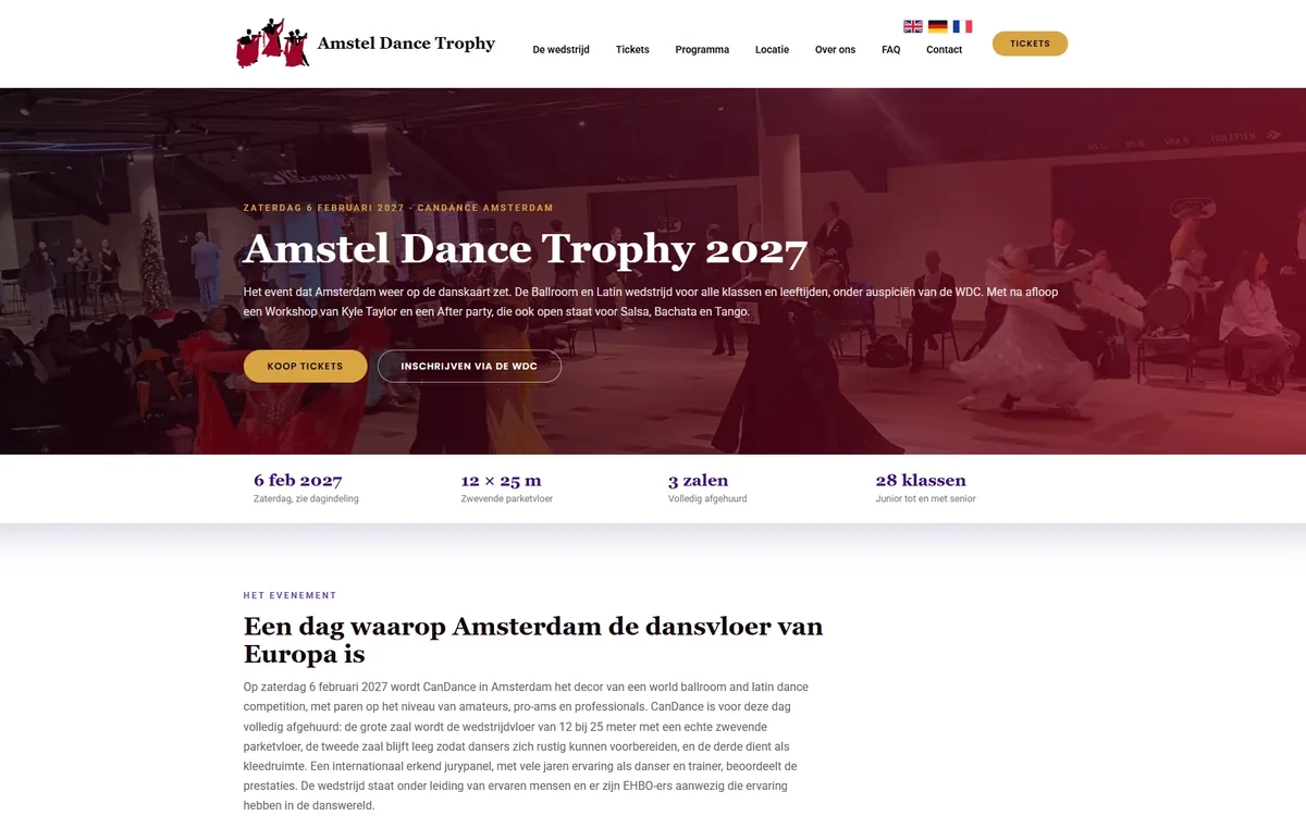 Screenshot van de in WordPress en Elementor vernieuwde website enjoyballroomandlatin.eu, evenementsite van de Amstel Dance Trophy