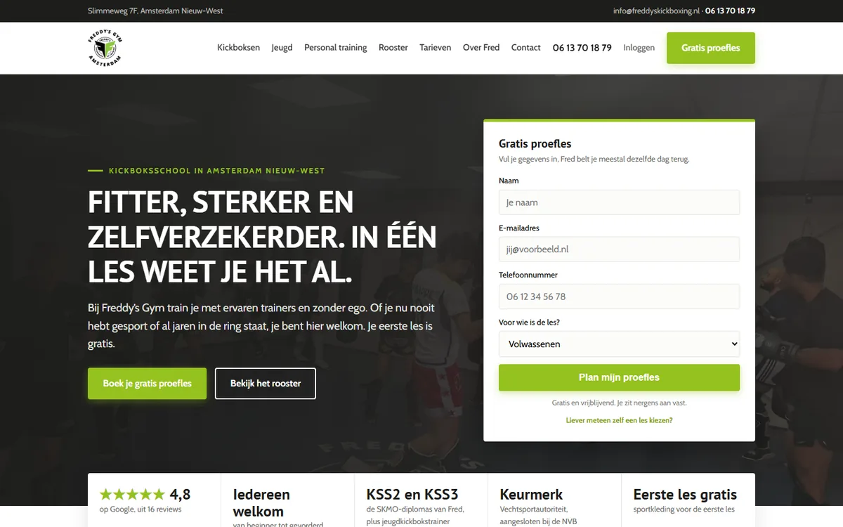 Screenshot van de met AI gebouwde website freddyskickboxing.nl, kickboksschool in Amsterdam