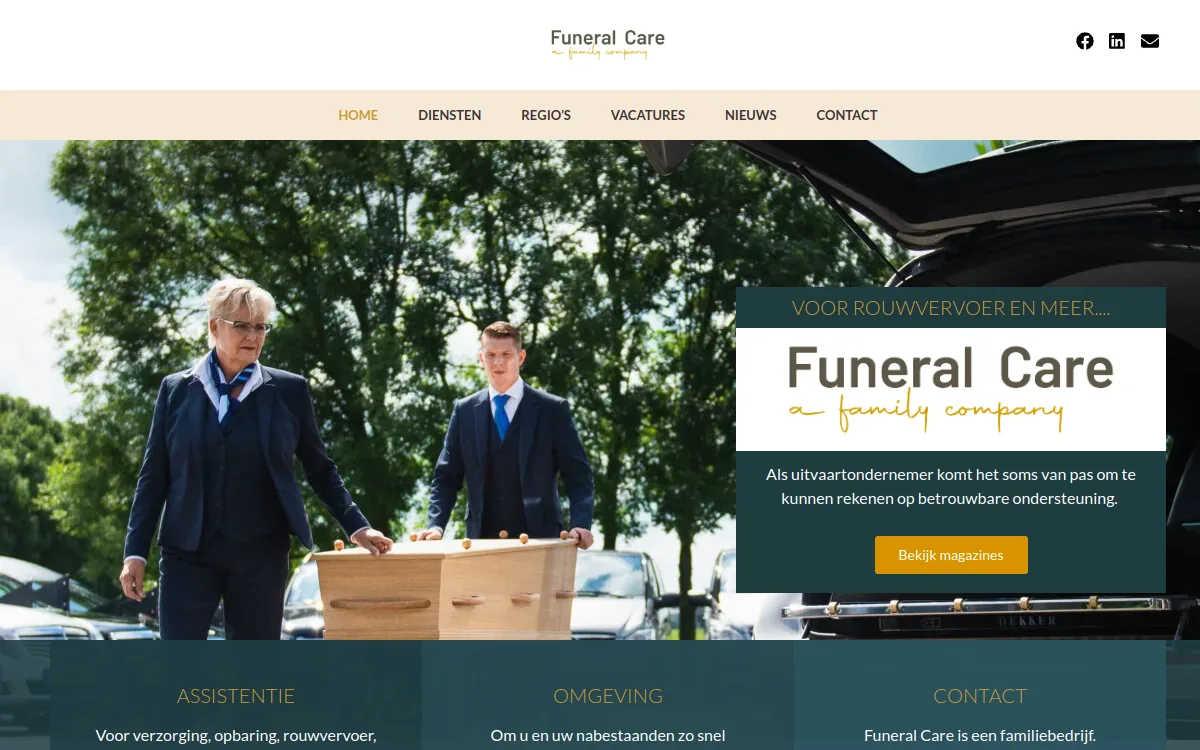 Screenshot van de in WordPress en Elementor gebouwde website funeralcare.nl, uitvaartbureau