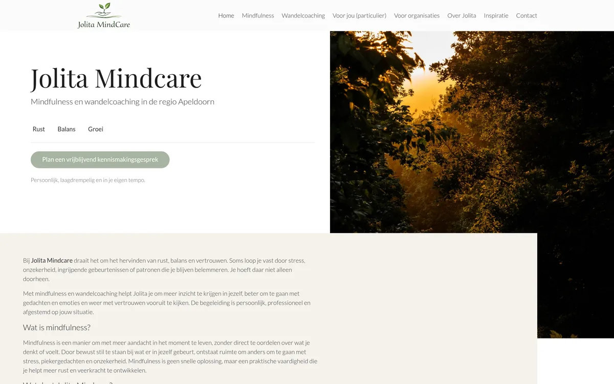 Screenshot van de in WordPress en Elementor gebouwde website jolitamindcare.nl, mindfulness en wandelcoaching in Apeldoorn