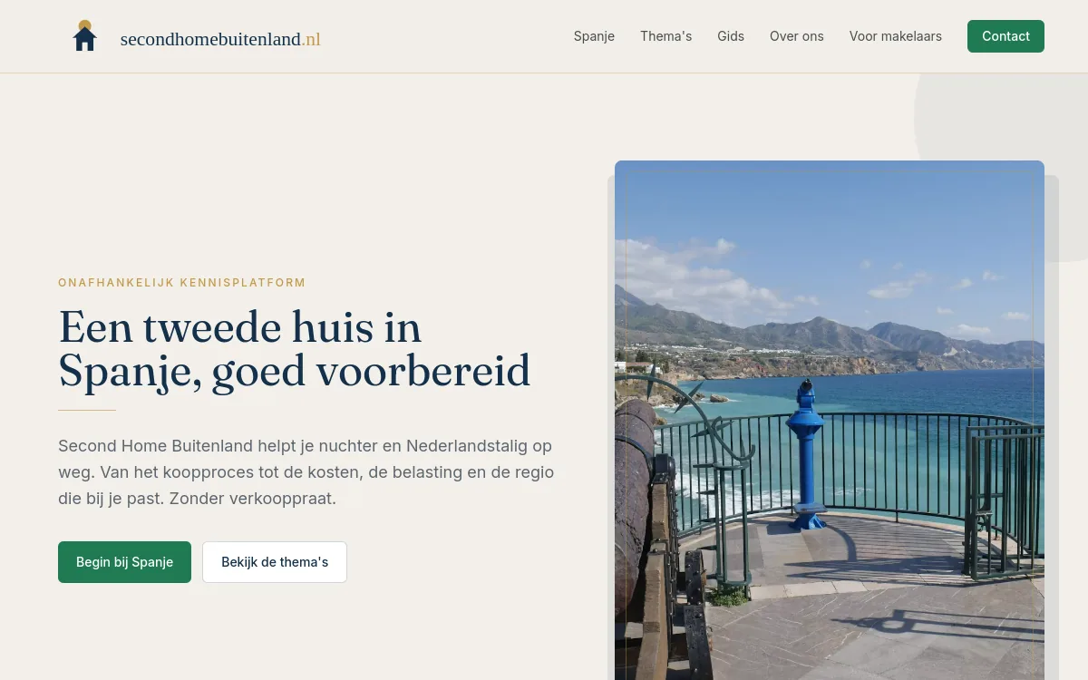 Screenshot van de met AI gebouwde website secondhomebuitenland.nl, kennisplatform tweede huis in Spanje