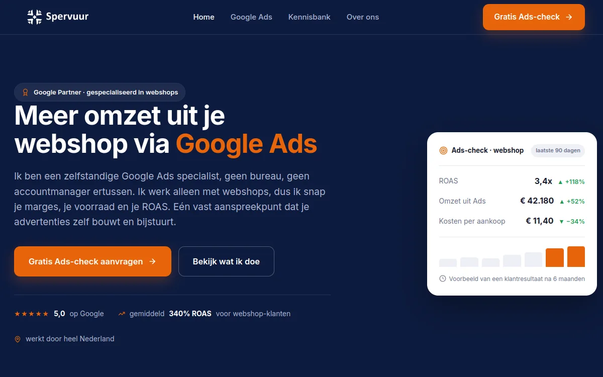 Screenshot van de met AI gebouwde website spervuur.nl, Google Ads voor webshops