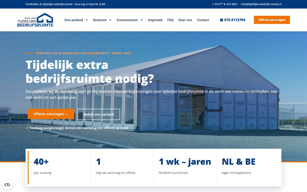 Screenshot van de met AI gebouwde website tijdelijke-bedrijfsruimte.nl, platform voor tijdelijke bedrijfsruimte