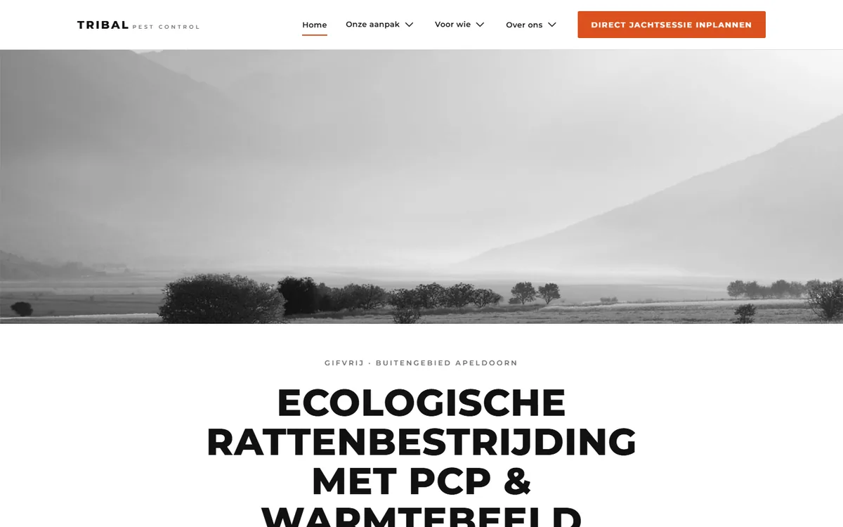 Screenshot van tribalpestcontrol.nl, design gemaakt met AI en gekoppeld aan WordPress en Elementor
