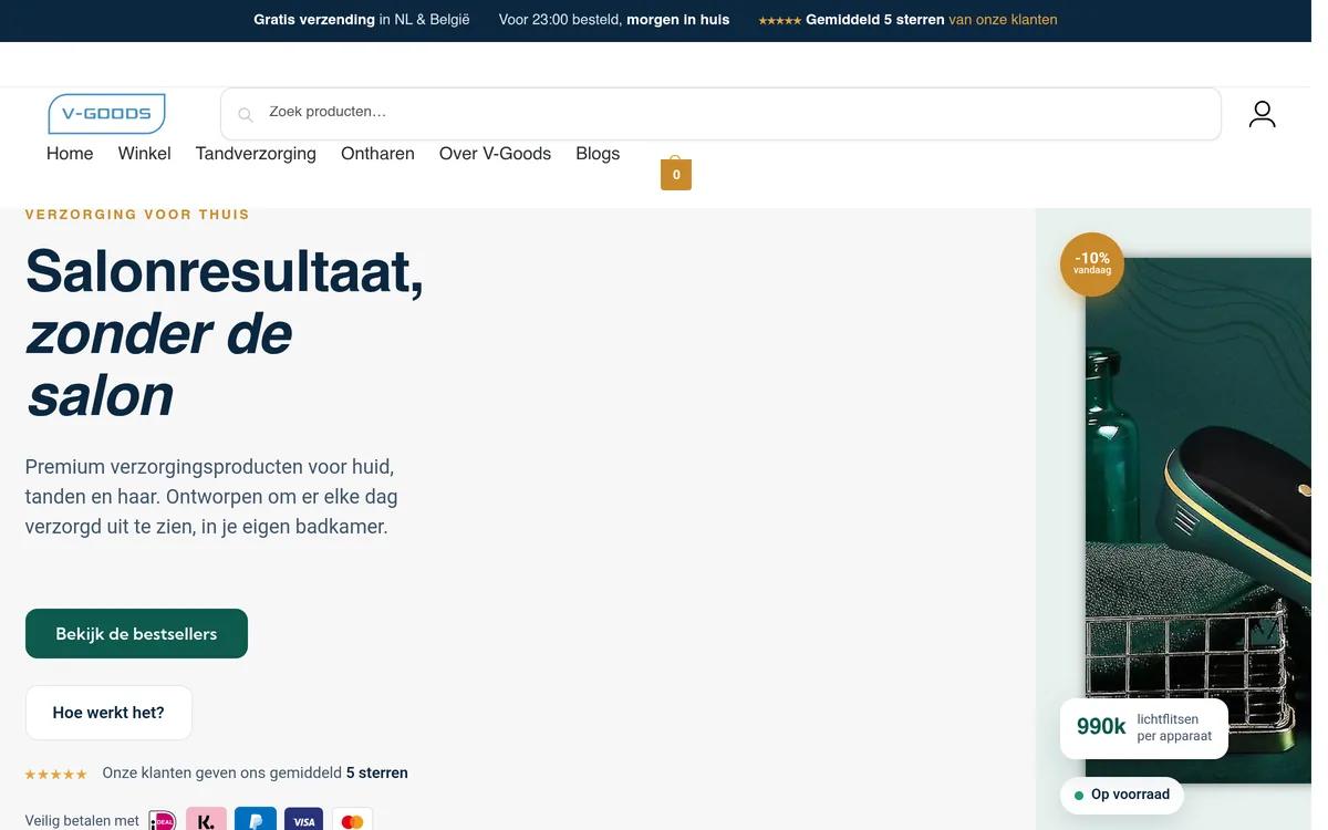 Screenshot van de webshop v-goods.nl na het redesign met AI